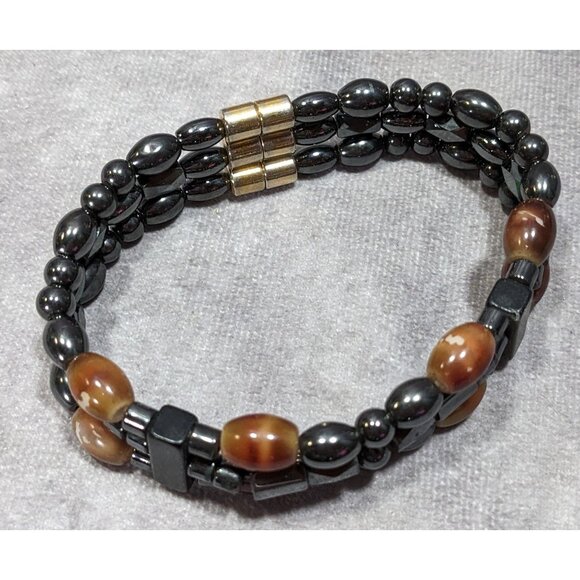 Men's Hematite And Brown Glass Layered Beaded Magnetic Bracelet - Picture 6 of 8